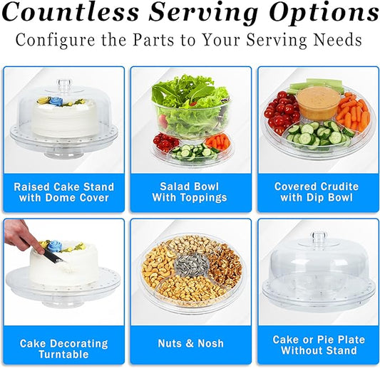 7 in 1 Rotating Multifunctional Acrylic Cake Stand with Lid & Cake Turntable for Decorating (12") - Turntable Decorating Kit Serving Salad Bowl/Veggie Platter/Punch Bowl/Desert Platter - BPA Free