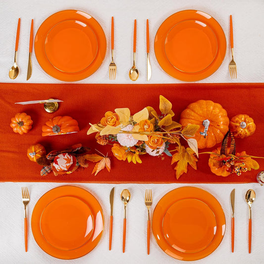 DaYammi 150Pcs Orange Plastic Plates & Gold Cutlery with Orange Handle,Thanksgiving Disposable Plates Set Include 30 Dinner Plate, 30 Dessert Plate,30 Knives,30 Forks,30 Spoons for Thanksgiving Party