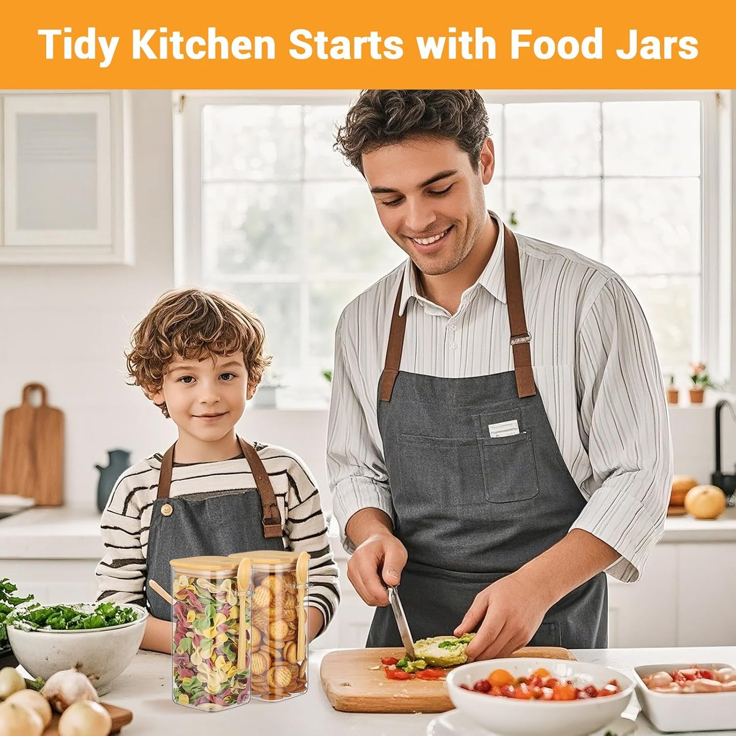 Glass Jars with Bamboo Lids and Spoons - 2 Pack 53 Fl.oz Square Pasta Storage Containers Set, Includes Labels, Marker and Brush, Large Glass Canisters for Kitchen Pantry, Cereal, Rice, Flour