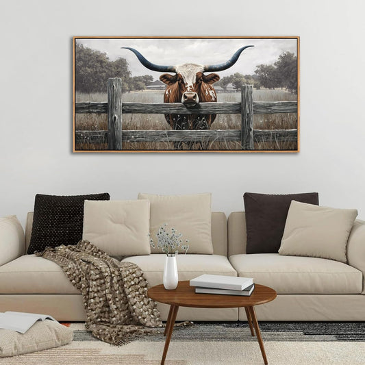 Highland Cow Wall Art - Rustic Farmhouse Wall Art for Country Wall Decor, Vintage Artwork for Walls, Framed Pictures for Living Room, Large Canvas Painting for Bedroom Above Bed 20×40IN