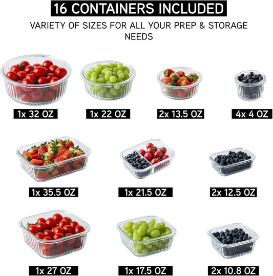 COOK WITH COLOR Premium 32-Pc. Borosilicate Glass Food Container Set with Dividers - 4 Rectangles, 8 Rounds, 4 Squares - Leakproof Lids - Meal Prep, Storage, Fluted Ombre Black
