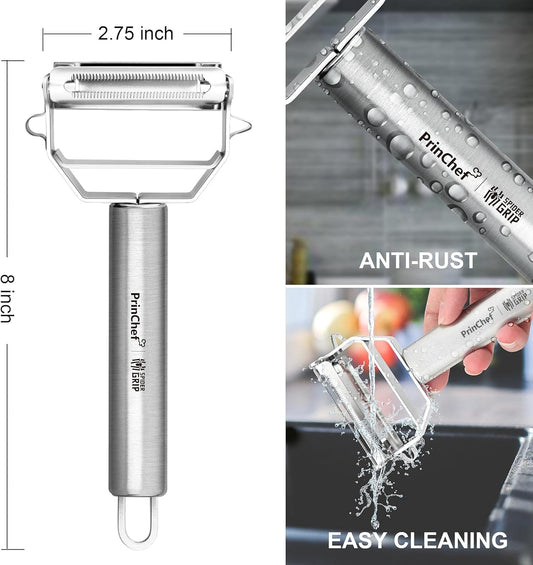 PrinChef Vegetable Peeler, 3 in 1 Versatile Y Potato Peeler for Kitchen| Ultra Sharp Julienne Peeler with Anti-Slip Handle | Stainless Steel No-Rust Veggie Peeler, Heavy Duty