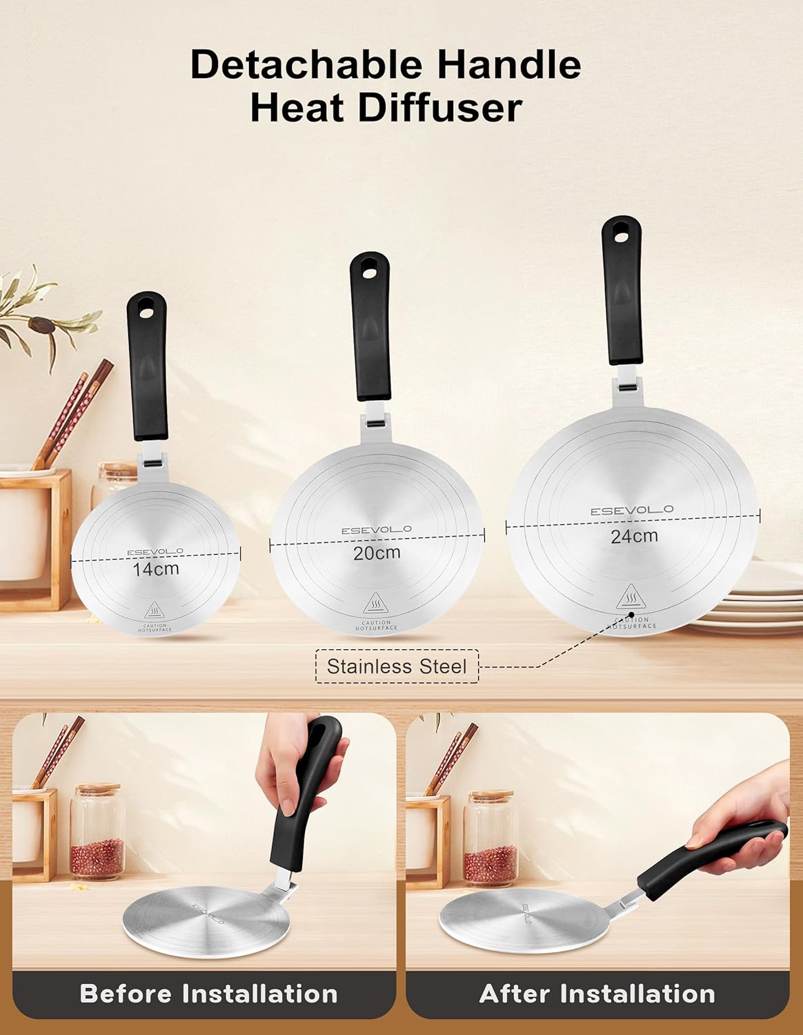 7.9 inch Heat Diffuser for Gas Stove, Stainless Steel Induction Adapter Plate, Converter Disk for Induction Cooking Plate with Detachable Handle, Black