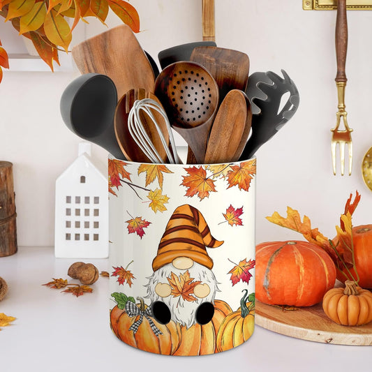 pinata Fall Thanksgiving Kitchen Decor Ceramic Utensil Holder, Farmhouse Fall Gnome Pumpkin Utensils Holder, Ceramic Utensils Crock for Rustic Indoor Kitchen Decorations(6.3 Inches)