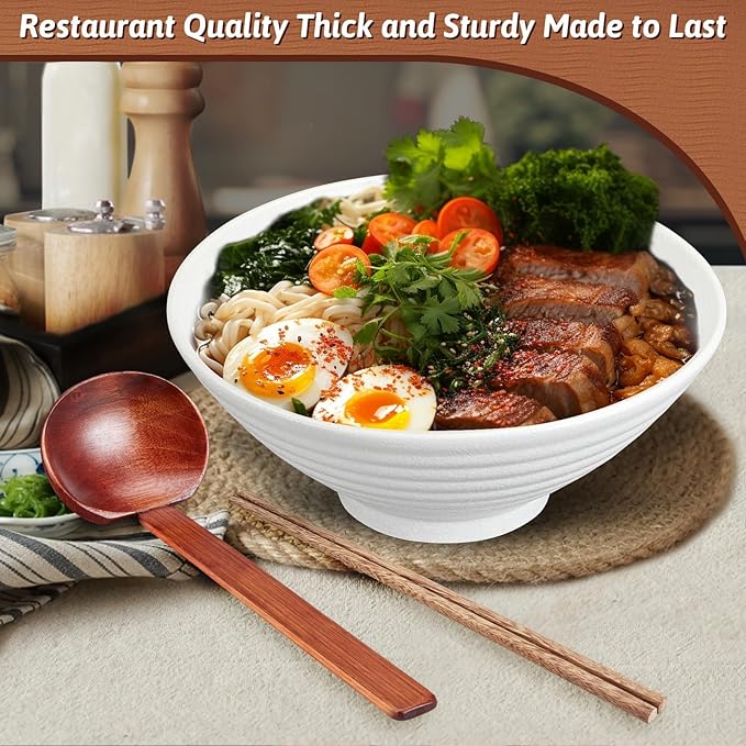 8-Inch Ceramic Ramen Bowl Set of 4 (17 Piece) - Porcelain Japanese Salad Noodles Cereal Fruit Pasta Soup Large Bowls with Recipes Chopsticks Forks Spoons for Men Women Gift Microwave Dishwasher Safe
