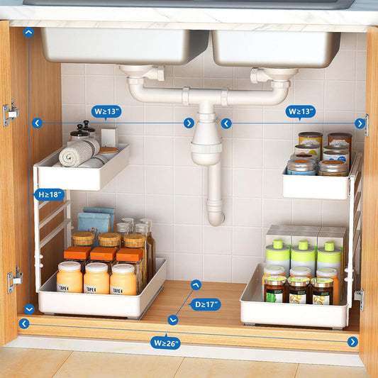 EVERIE Metal Pull Out Slide Shelf Organizer for Framed or Frameless Under Sink CabinetsOrganization in Kitchen, Bathroom, Counter, Cabinets (White, 1 Set)