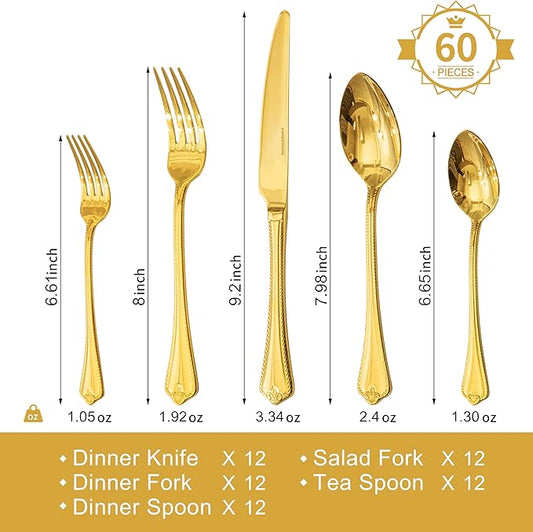 KINGSTONE Gold Silverware Set, 60-piece 18/10 Stainless Steel Flatware Set Cutlery Set for 12, for Kitchen, Home, Wedding, Party, Mirror Polished and Dishwasher Safe, Featured Gifts