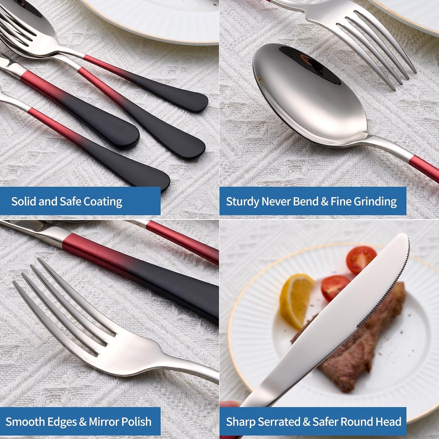 20-Piece Black Red Silverware Set, 18/0 Stainless Steel Colorful Handle Flatware Set,Service for 4,Modern Cutlery Set Includes Dinner Knives Forks Spoons,Mirror Polished,Dishwasher Safe