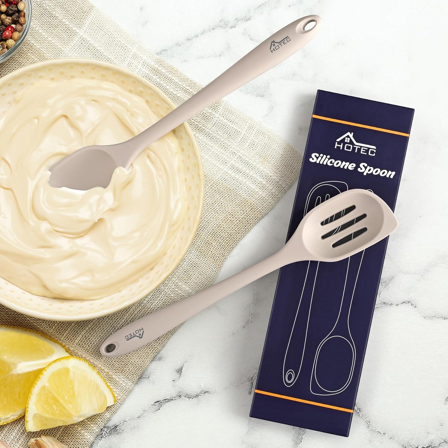 HOTEC Heat Resistant Silicone Cooking Spoon Spatula, Large Kitchen Solid and Slotted Spoons for Mixing, Serving, Scraping, Non-stick, Dishwasher Safe Khaki 12.5inch