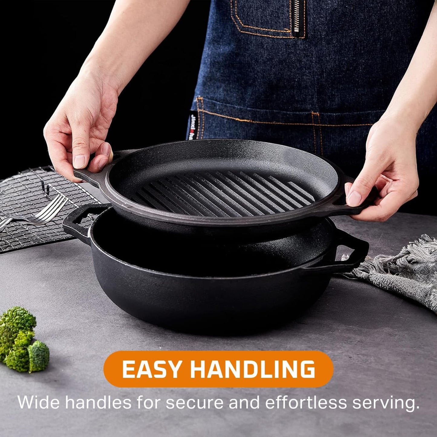 Bruntmor 2-in-1 Pre-Seasoned Cast Iron Dutch Oven with Dual Handles, Cocotte Double Braiser Pan with Grill Lid 3.3 Quarts - BBQ Grill, Fryer - Outdoor Cookware Set with Dual Handles, Camping,- Black