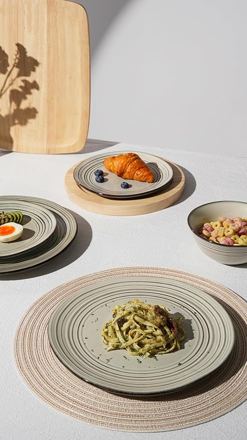 Famiware Plates and Bowls Sets 24-Piece Stoneware Dinnerware Sets, Dishes Set for 8, Hand-made Reactive Glaze Dish Set, Twilight Series, Terre-verte