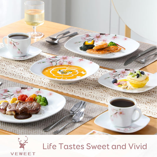 VEWEET Annie Porcelain Dinnerware for 6, 30-Piece Pink Floral Dish Set With Plates and Bowls Including Dinner, Dessert, Soup, Cups & Saucers