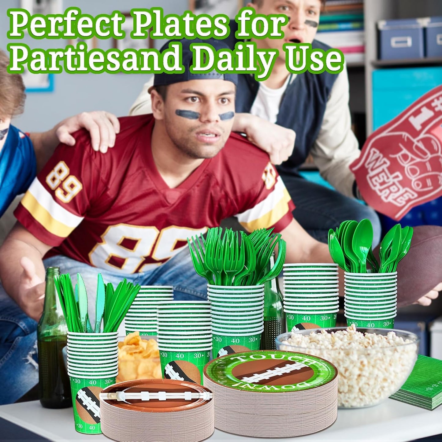350 PCS Football Party Decorations, Plates and Napkins Sets Includes Plates Dessert Napkins Cups Plastic Knives Forks Spoons Disposable Dinnerware Set For Football Party (50 Guest)