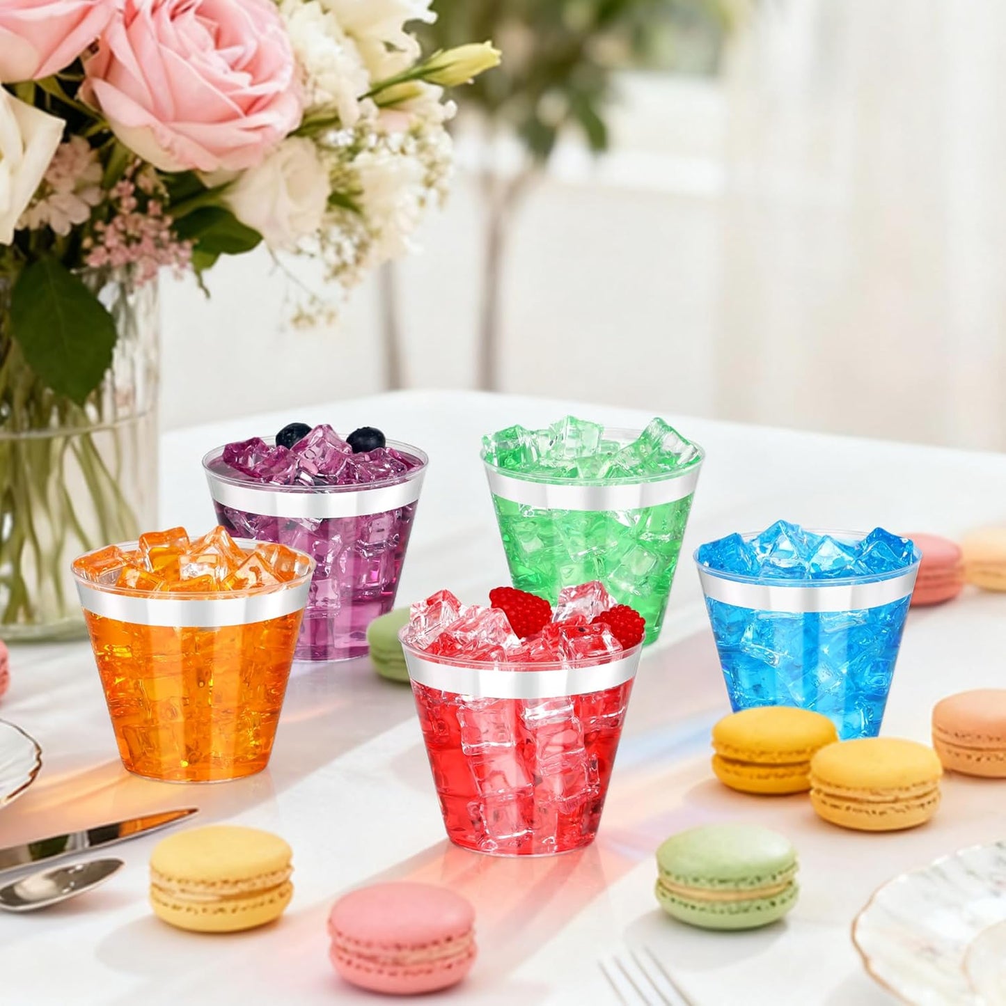 100 Pcs Silver Plastic Cups,9Oz Silver Rimmed Plastic Cups,Heavy Duty Clear Disposable Plasitc Cocktail Tumblers Wine Cup for Party,Wedding,Birthday,Christmas