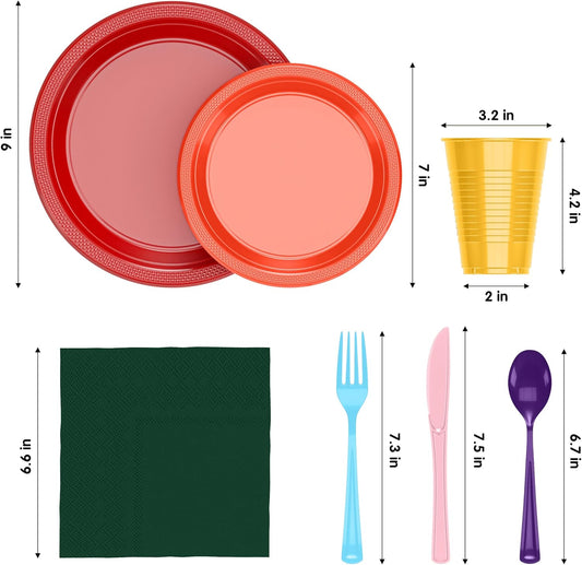 Party Solids 350 Pieces Rainbow Plastic Plates For Party, Rainbow Disposable Plates Set, 50 Of Each 9" Dinner Plate Set, 7" Dessert Plate, Cups, Napkins & Cutlery Plastic Dinnerware