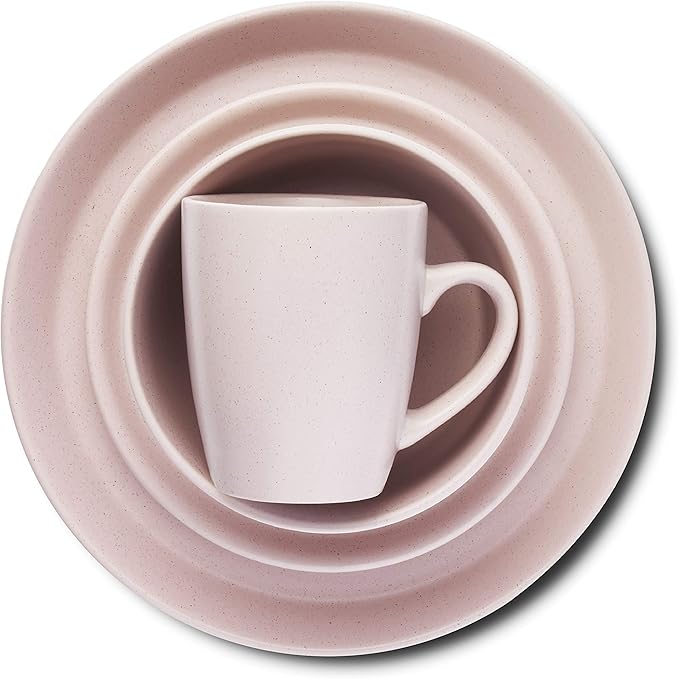 Stone Lain Albie Stoneware 16-Piece Modern Dinnerware Set, Kitchen Plates and Bowls Sets, Dish Set for 4, Pink