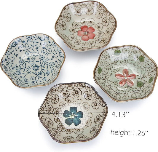 VanEnjoy 4 pcs Colorful Glaze Flower Pattern Ceramic Soy Sauce Dipping Bowls Appetizer Plates Serving Dishes Condiment Dish