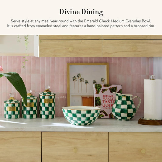 MACKENZIE-CHILDS Enamel Everyday Bowl, Serving Bowl for Entertaining, Medium, Green-and-White Emerald Check