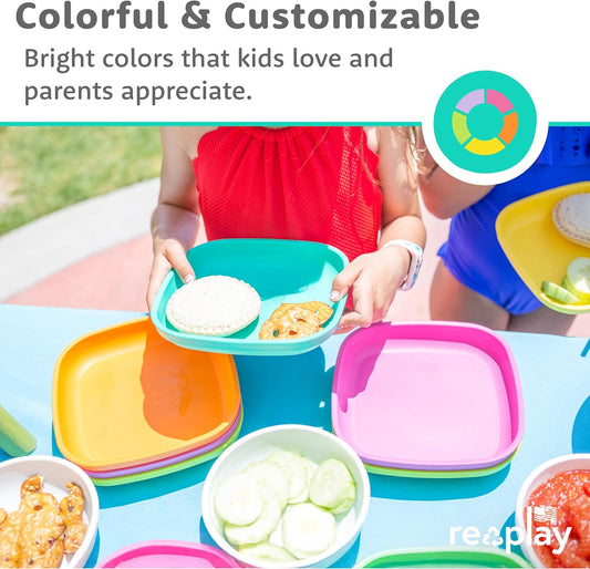 Re-Play Toddler Plates - 22 Oz. Deep-Walled Flat Kids Plates - Dishwasher & Microwave Safe - Made in USA - Set of 3-7.37" x 7.37" x 1.25" - Beach Baby