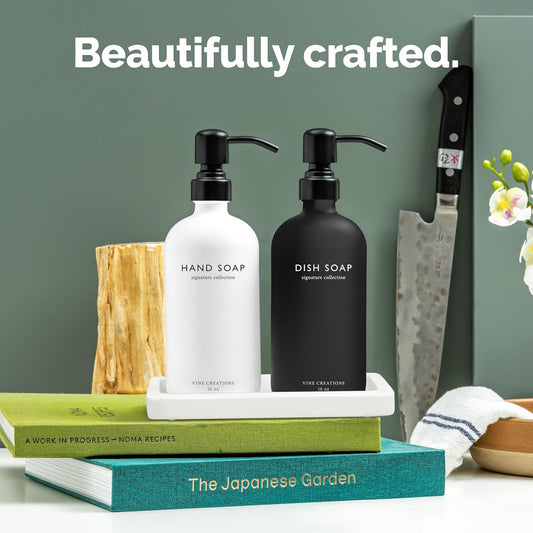 Vine Creations Glass Soap Dispenser Set, Kitchen Soap Dispenser Set with Ceramic Tray, 16 oz Dish Soap and Hand Soap Dispensers with Stainless Steel Pump Decor (White and Black Bottles/Matte Black)