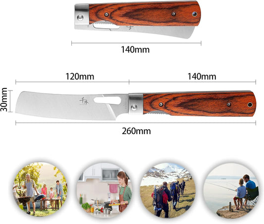 SENBON 440A Stainless Steel Super Sharp Japanese Pocket Folding Chef Knife Peeling Utility Knife Color Wooden Handle Camping Travel Outdoor Portable Kitchen Knife