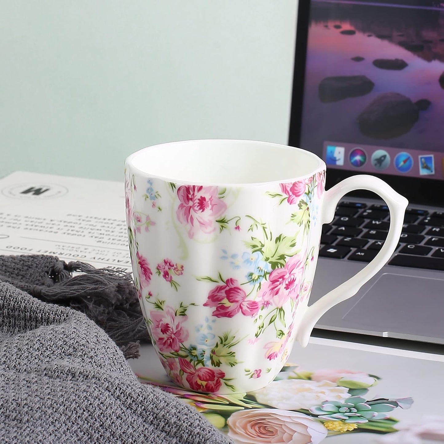 14oz Cute Coffee Mugs for Women Cute Mugs Bone China Floral Coffee Mug Teacups for Mom Women Birthday Gifts Christmas Gifts