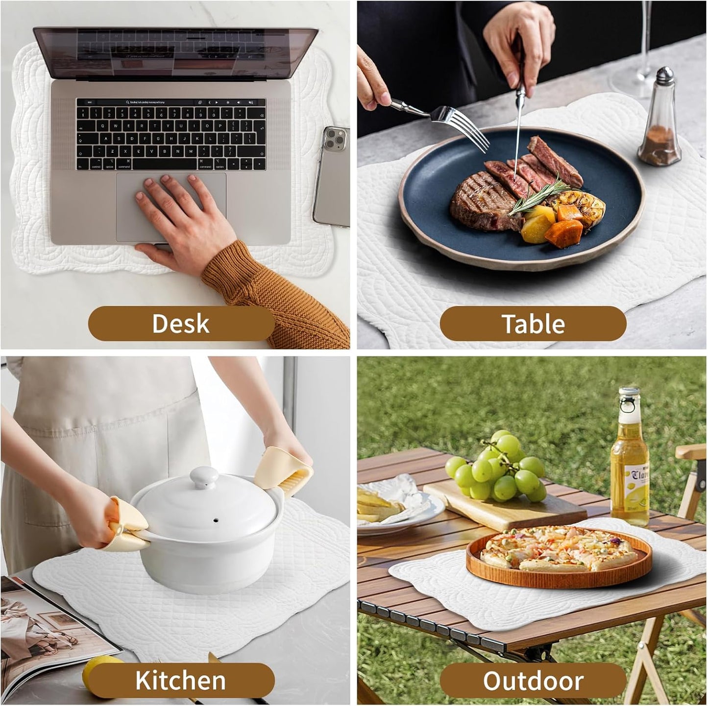 6 PC Quilted Placemats, 18"X13"Extra Large Cotton Placemats Set of 6, 100% Cotton Fabric Washable Cloth Table Mats for Kitchen & Dining Table - Soft &Easy Clean(Cream White, Rectangular)