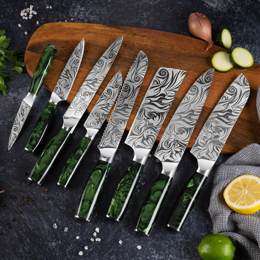 SENKEN 8-piece Engraved Japanese Kitchen Knife Set & Beautiful Green Resin Epoxy Handles - Wasabi Collection - Chef's Knife, Bread Knife, Cleaver Knife, Paring Knife, & More
