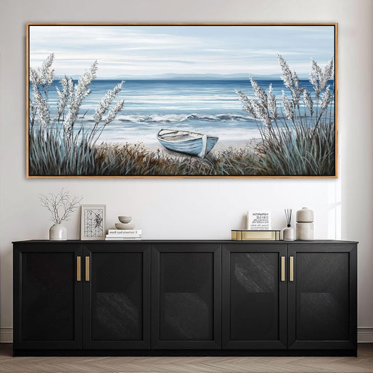 AJAZIKO Beach Vintage Wall Art Pictures for Living Room Coastal Artwork for Walls Ocean Bedroom Wall Decor Above Bed Landscape Beach Canvas Wall Art Featuring Boat, Farmhouse, Seascape 29×58IN