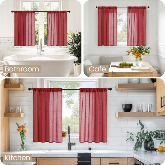 BGment Burgundy Linen Kitchen Window Curtains Over Sink Christmas Decor, Short Cafe Drapes Lightweight Semi Sheer with Rod Pocket for Bathroom Windows, 2 Panels Set, Each 42 Inch Wide