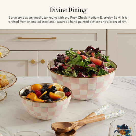 MACKENZIE-CHILDS Enamel Everyday Bowl, Serving Bowl for Entertaining, Medium, Pink-and-White Rosy Check, Set of 1