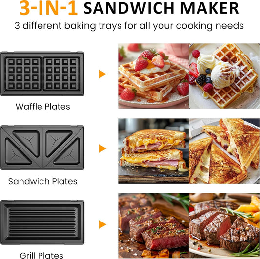 3 in 1 Electric Sandwich Maker, Panini Press Grill and Waffle Iron Set, Grill and Sandwich Press with Removable Non-Stick Plates, Indicator Lights & Cool Touch Handle, 750W, Black