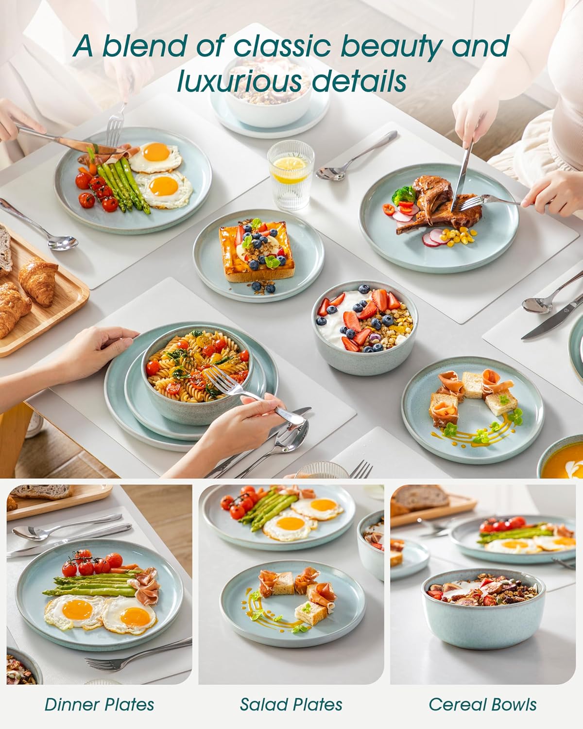 vancasso ANYA 18 Pieces Plates and Bowls Set, Mint Green Dinnerware Sets, Reactive Glaze Dishes Set for 6, Ceramic Dishware Sets Kitchen Dinner Set, Microwave & Dishwasher Safe