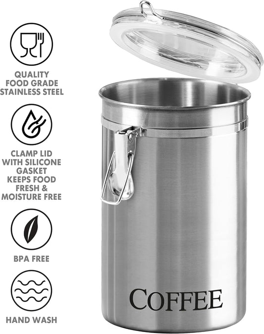 Oggi Stainless Steel Coffee Canister 62 fl oz - Airtight Clamp Lid, Clear See-Thru Top - Ideal for Coffee Bean Storage, Ground Coffee Storage, Kitchen Storage, Pantry Storage. Large Size 5" x 7.5".
