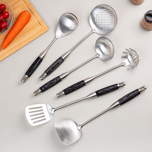 FJNATINH Stainless Steel Kitchen Utensils, Set of 6 Cooking Tools with Wooden Handle, Wok Spatula, Soup Ladle, Skimmer Spoon, Slotted Spatula Turner, Spaghetti Server, Solid Spoon