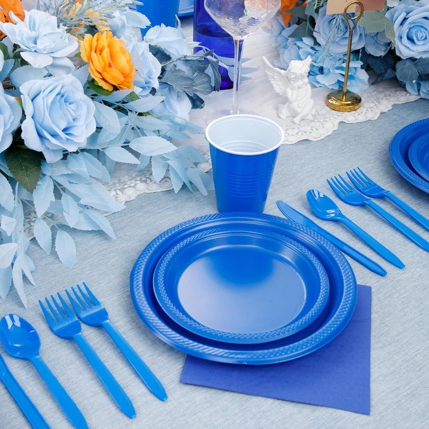 MirthMood 350 Pieces Blue Party Supplies, Disposable Dinnerware Set, Including Blue Plastic Plates and Napkins, Plastic Cutlery and 12OZ Cups