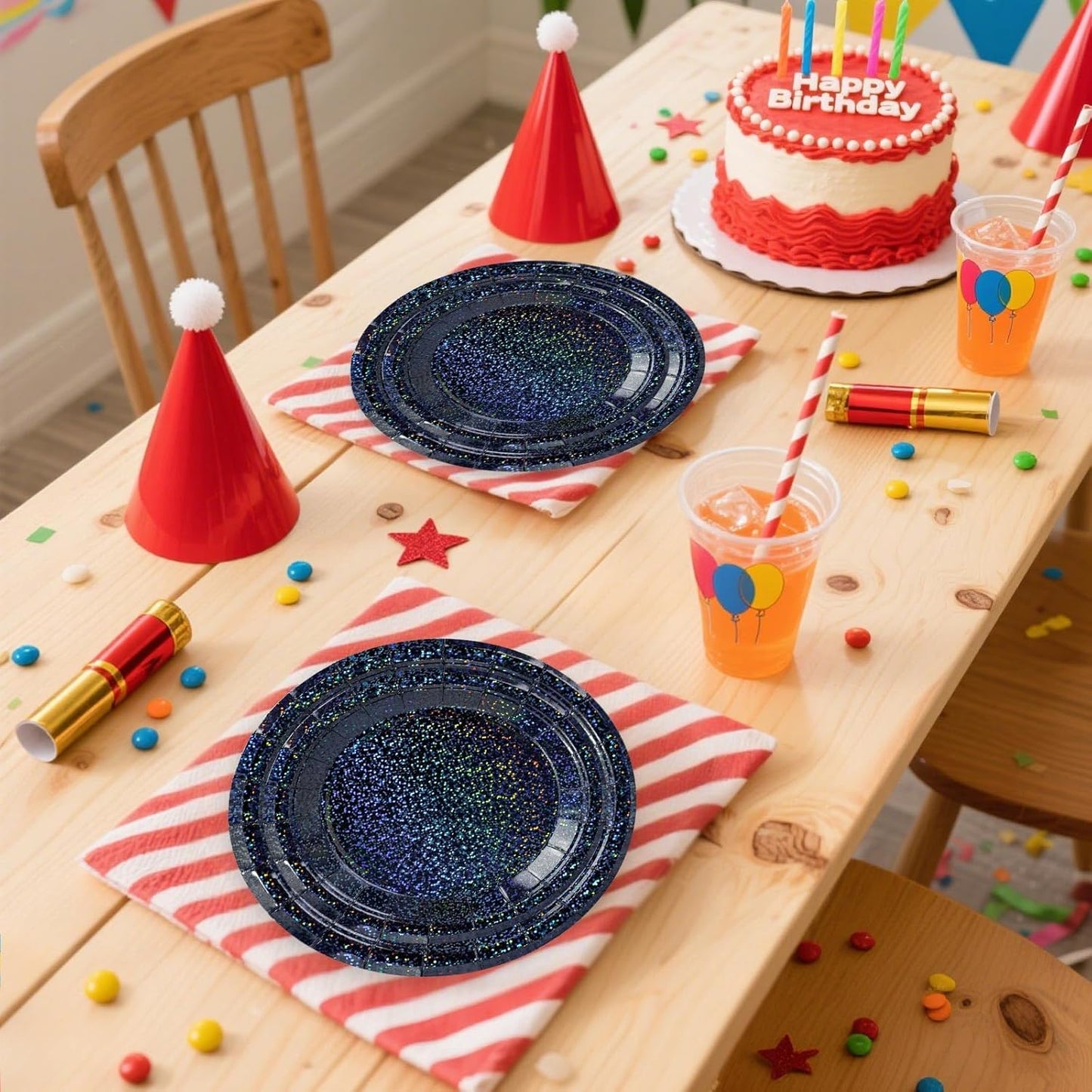 50 Pcs Iridescent Black Paper Plates 25 × 7'' and 25 × 9'' Disposable Black Shiny Holographic Foil Dinner Plates for Wedding Baby Shower Birthday Halloween Party Glitter Dessert Plate