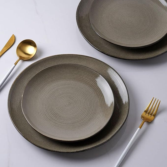 famiware Tempus Plates and Bowls Sets for 8, 24 Pieces Stoneware Dinnerware Sets, Dishes Set, Reactive Glaze Dishware Sets, Dishwasher & Microwave Safe - Dark Olive