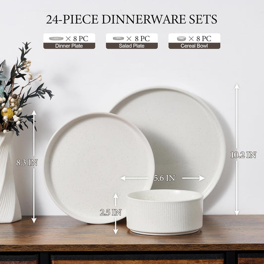 E-far 24-Piece Stoneware Dinnerware Sets, Plates and Bowls Sets for 8, Kitchen Modern Dinning Porcelain Dishes Set, Chip & Scratch Resistant, Dishwasher & Microwave Safe, Speckled White