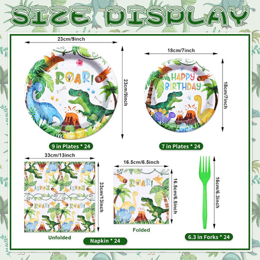 96 Pieces Dinosaur Birthday Tableware Set - Happy Birthday Disposable Dinnerware with Dino Design Plates, Napkins, and Forks for Boys Kids Party Decorations and Celebration, Serves 24 Guests