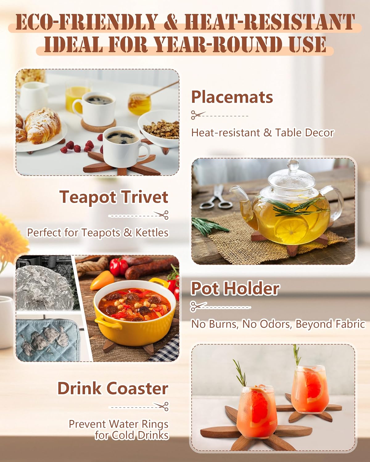 3pcs 8 Inch Wooden Trivets for Hot Dishes, Hot Pots and Pans, Anti Stain Natural Wood Pot Holders for Kitchen Counter Decor, Wooden Collapsible Tree Coasters with Organizer Dinner Placemats