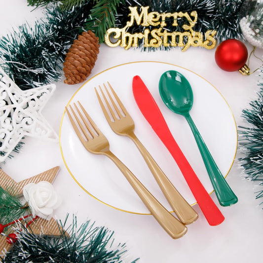 WDF 180 Pieces Plastic Christmas Silverware - Disposable Cutlery Set Incluede 60 Gold Forks, 60 Red Knives and 60 Green Spoons - Heavy Duty Plastic Flatware - Disposable Utensils for Christmas