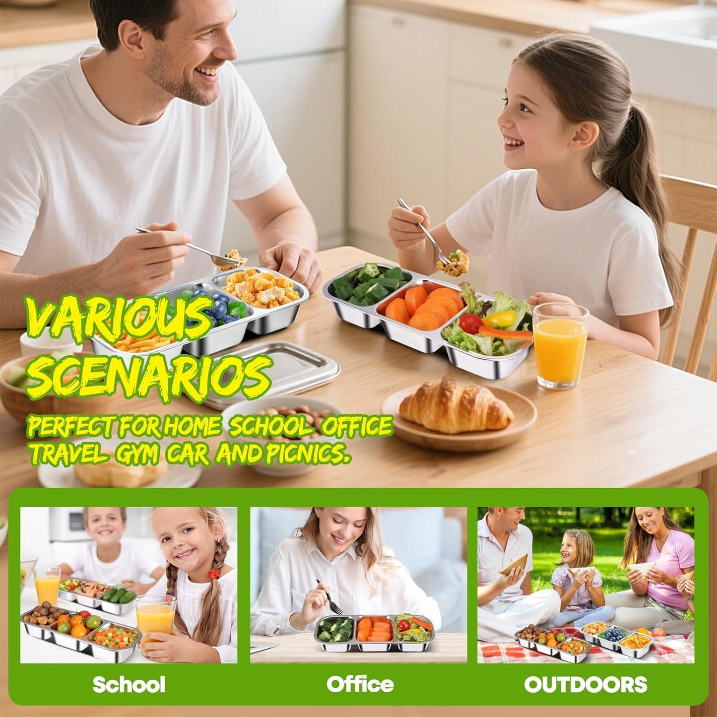 2 Pack Stainless Steel Snack Containers with Lids - Reusable 3 Compartment Snackle Box Container Divide Wet Dry Leakproof Metal Food Storage Containers for School, Home, Travel (Yellow + Orange)