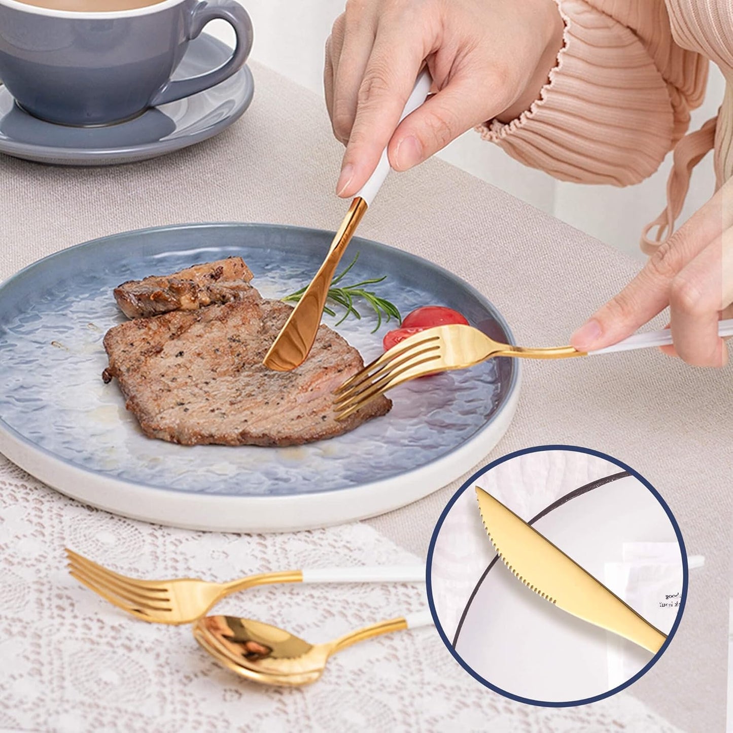 20 Piece White Gold Silverware Set,Stainless Steel Flatware Cutlery Set Service for 4 Including Forks Spoons Knives,Utensil Set,Tableware for Home and Restaurant, Dishwasher Safe