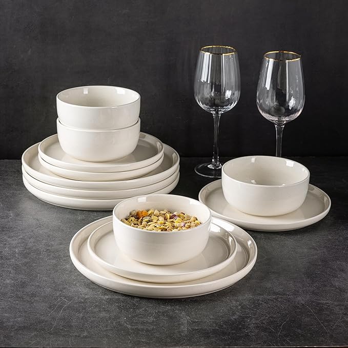 AmorArc Dinnerware Sets for 4, 12 Pieces Ceramic Plates and Bowls Set, Handcrafted Stoneware Plates Set, Dishwasher & Microwave Safe Dishes Set