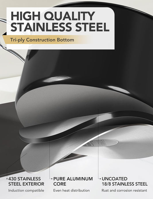 MICHELANGELO Stainless Steel Cooking Pot - 6 Quart Soup Pot with Lid, Non-Toxic Stockpot Induction Compatible, Oven & Dishwasher Safe, Black Exterior