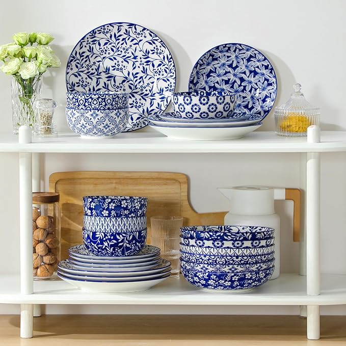 vancasso SELENE Plates and Bowls Set for 6, 24 Pieces Dinnerware Sets, Mircowave and Dishwasher Safe Dishes Set, Porcelain Blue Dinnerware