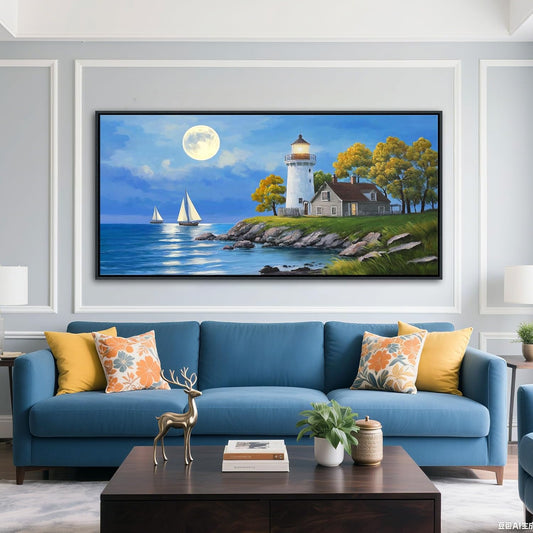 CHATYOUNG Blue Ocean Wall Art - Large Lighthouse Sailboat Coastal Landscape Canvas Picture Green Tree Nature Navigation Paintings Artwork for Living Room Bedroom Office Home Frame Decor 29"X58"