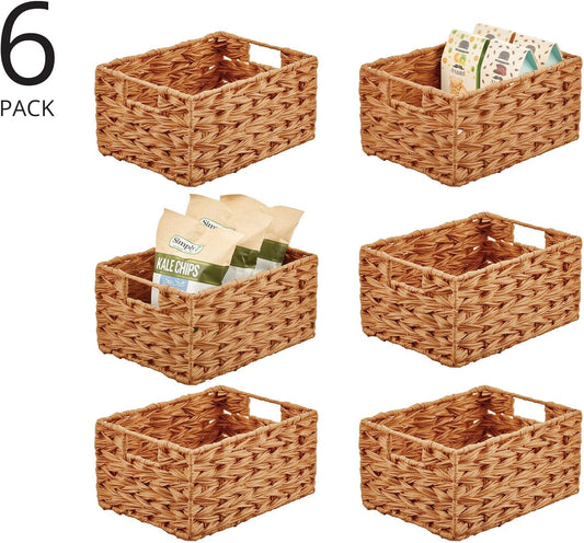 mDesign Woven Farmhouse Kitchen Pantry Food Storage Organizer Basket Bin Box - Container Organization for Cabinets, Cupboards, Shelves, Countertops - Store Potatoes, Onions, Fruit, 6 Pack, Camel Brown