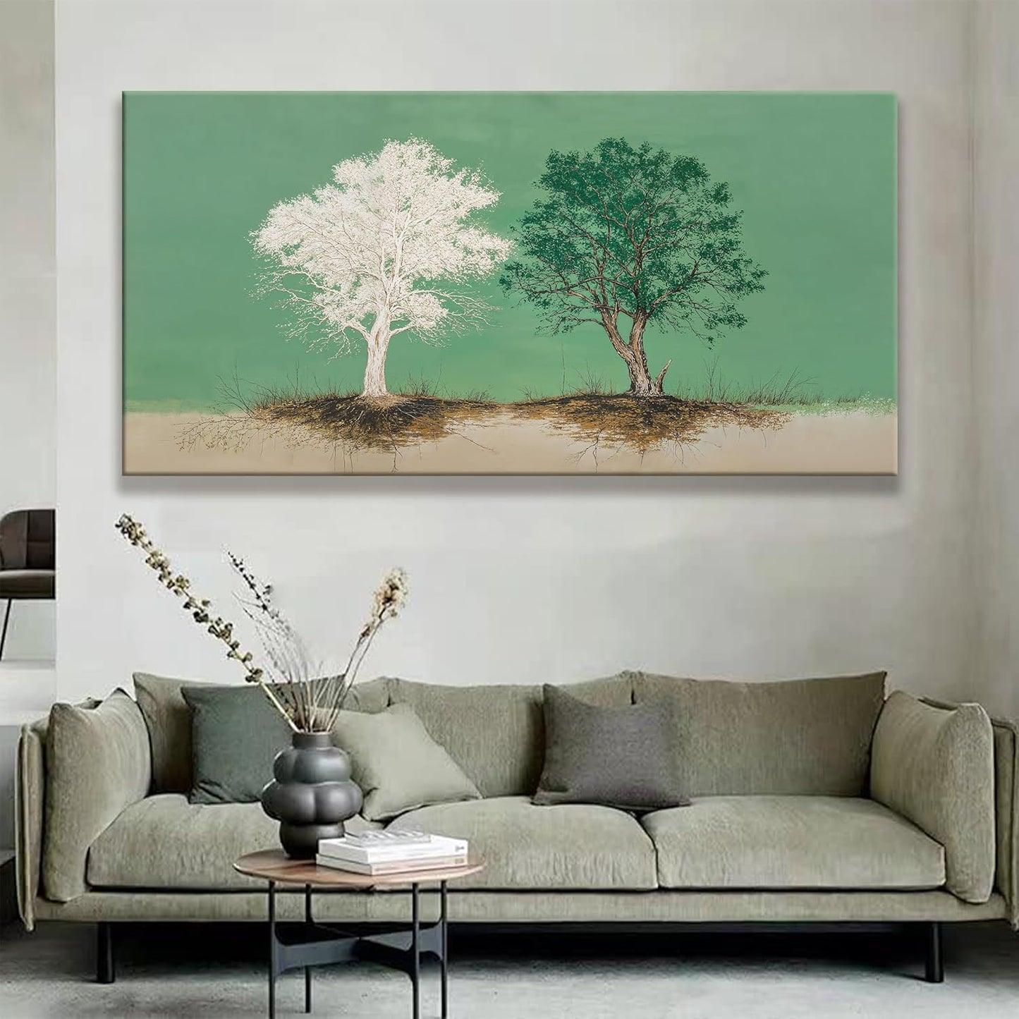 Large Canvas Art Wall Decor Pure White And Green Tree Of Life Wall Art Decoration Modern Home Wall Decor Abstract Wall Art For Living Room Bedroom Kitchen Office 29x58 Inch